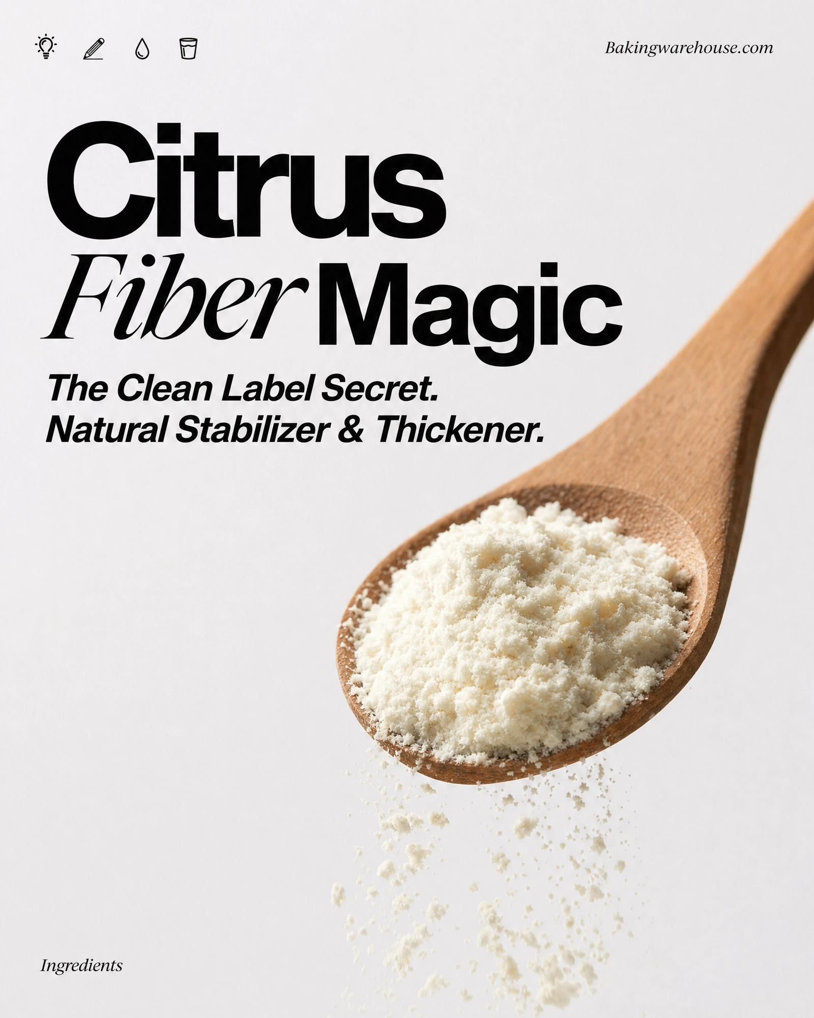 Citrus fiber powder on a wooden spoon for baking and pastry applications