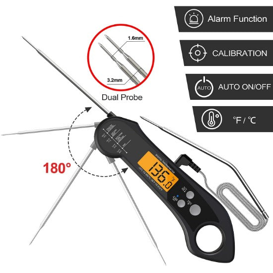 Food Thermometer, Calibration Function Widely Used ABS Shell Meat  Thermometer With Folding Probe For Baking Black 