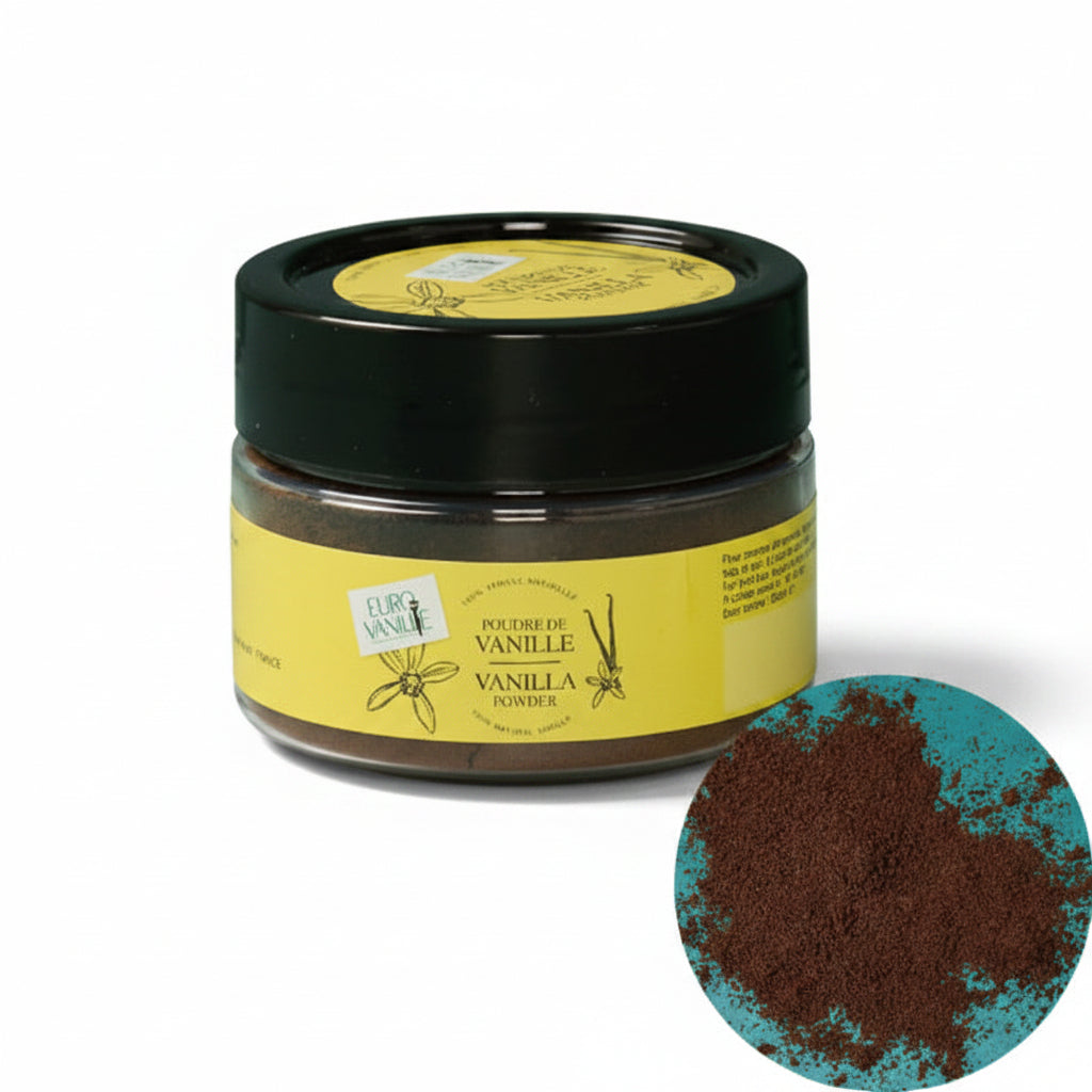A jar of Elara Vanille vanilla powder with a black lid and yellow label, shown on a dark teal background with a circular inset of the dark brown powder texture.