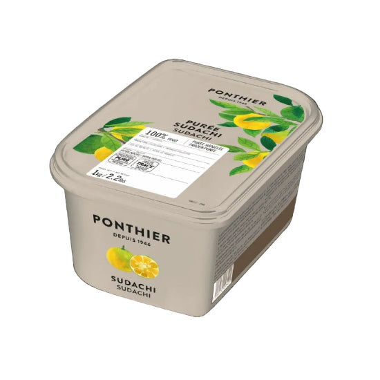 A 1-liter tub of Ponthier Purified Sudachi Seasoning on a solid black background. The packaging is a light beige plastic container with a white label featuring green leaves and yellow citrus illustrations.