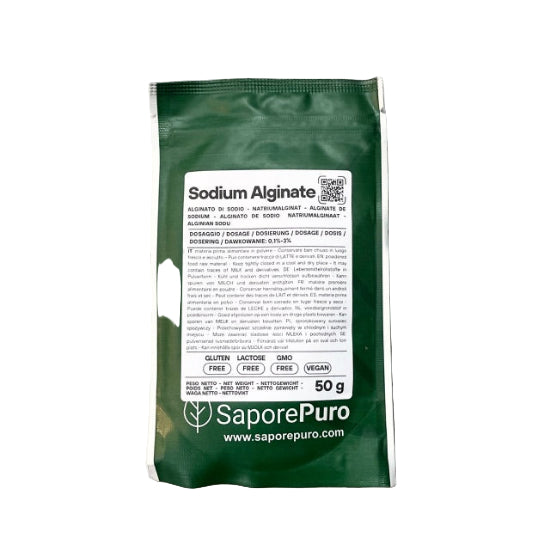 Green package of Sodium Alginate with Sapore Puro branding on a marble background