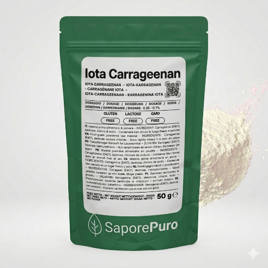 Green package of Iota Carrageenan with SaporePuro branding on a white background