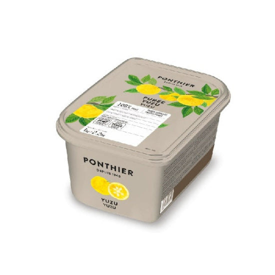 A container of Ponthier Purée Yuzu Citron, featuring a light beige plastic tub with a matching lid decorated with yellow lemons and green leaves. The front of the tub displays the Ponthier brand name and a yellow yuzu graphic.
