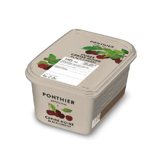 A tub of Ponthier Purée Noère Black Cherry puree, featuring a beige container with a matching lid, decorated with illustrations of red cherries and green leaves, on a white background.