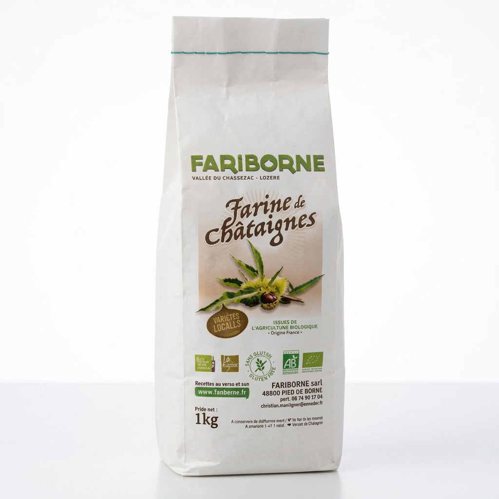 A 1kg bag of FARIBORNE Farine de Châignes flour standing on a wooden counter in a shop setting.