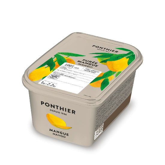 A tub of Ponthier Puree Mangue Mango, featuring a beige container with a matching lid, decorated with illustrations of yellow mangoes and green leaves. The brand name 'PONTHIER' is clearly visible on both the front and lid.