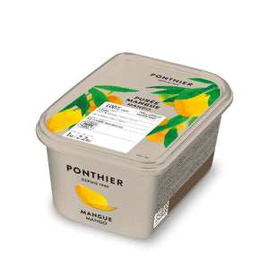 A tub of Ponthier Puree Mangue Mango, featuring a beige container with a matching lid, decorated with illustrations of yellow mangoes and green leaves. The brand name 'PONTHIER' is clearly visible on both the front and lid.