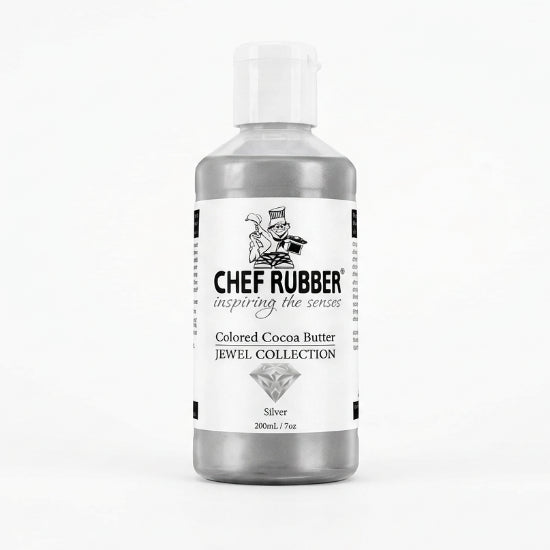 A 200ml bottle of Chef Rubber Colored Cocoa Butter in the Silver variant, featuring a white cap and a white label with black text, set against a solid black background with a reflection below.
