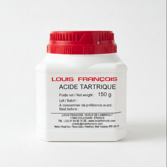 Container of Louis Francois Acide Tartrique on a textured surface with a blurred background